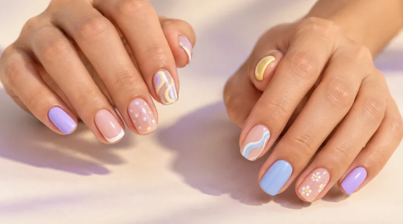 Unhas diferentes em cada dedo com cores e desenhos harmonizados