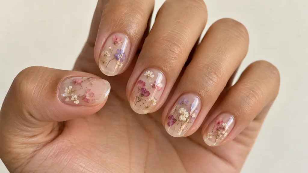 Unhas encapsuladas: o que são, como são feitas e ideias delicadas Unhas encapsuladas com pequenas flores secas rosas, lilases e brancas.