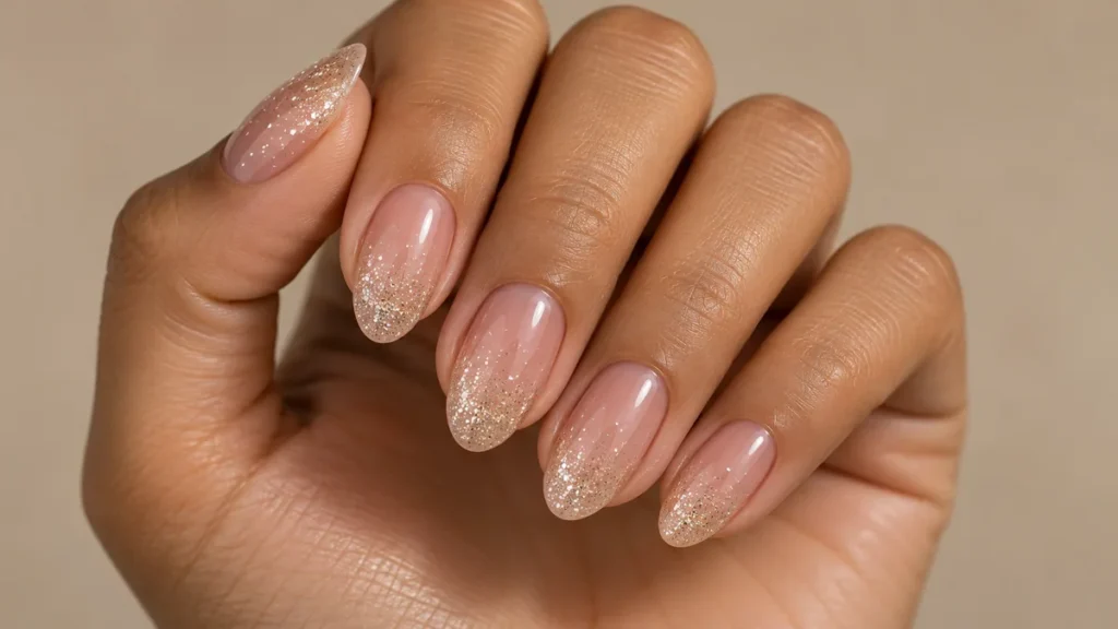 Unhas encapsuladas: o que são, como são feitas e ideias delicadas Unhas encapsuladas com glitter champanhe e prata em degradê sobre base rosada.
