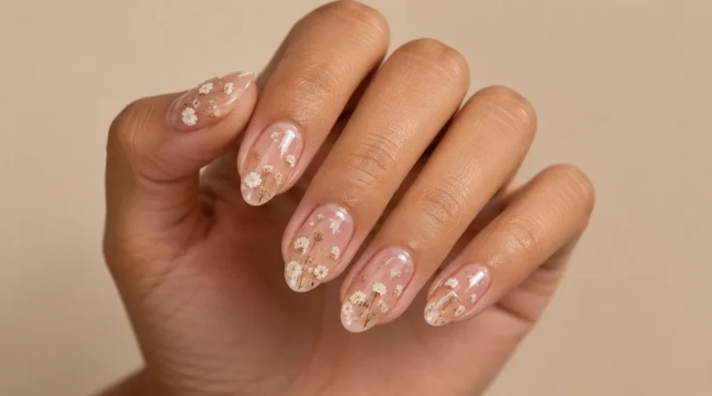 Unhas encapsuladas delicadas com pequenas flores brancas em base nude rosada.