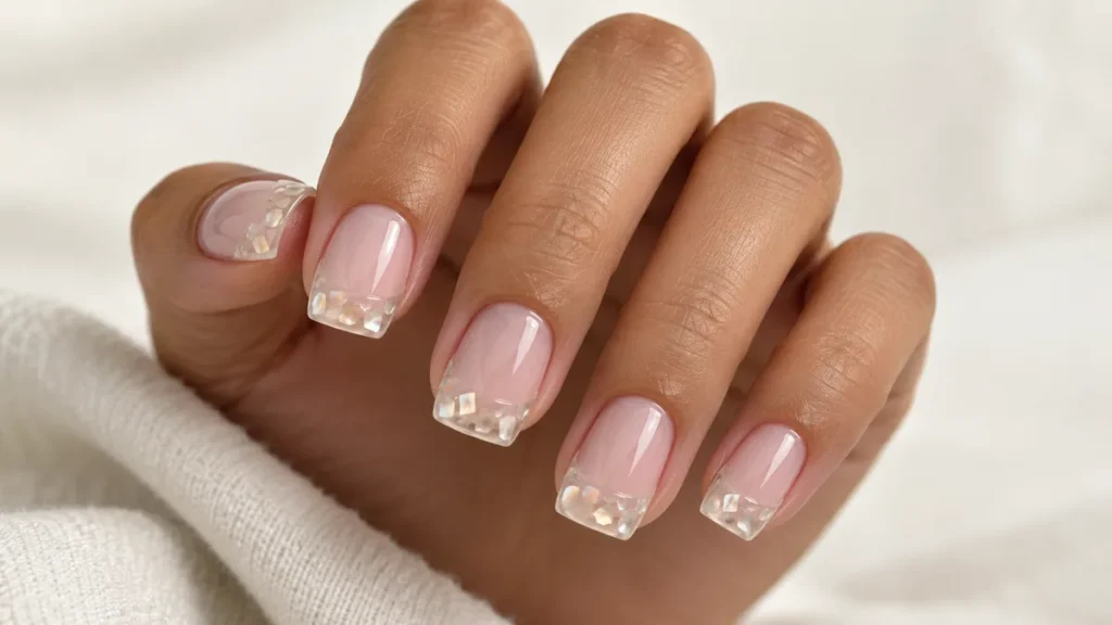 Unhas encapsuladas: o que são, como são feitas e ideias delicadas Francesinha encapsulada com pontas translúcidas e pequenos detalhes perolados.