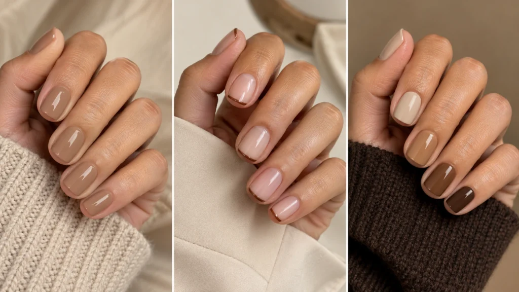 Unhas latte lisas, com francesinha caramelo e degradê de café