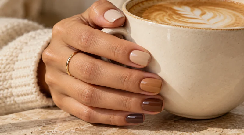 Unhas latte em tons de café com leite, cappuccino, caramelo e mocha