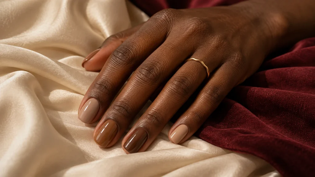 Unhas latte em tons cappuccino e caramelo em pele retinta