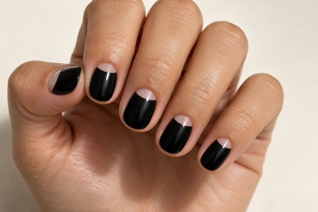 Detalhe do acabamento de unhas meia-lua pretas com arcos transparentes e bordas definidas.