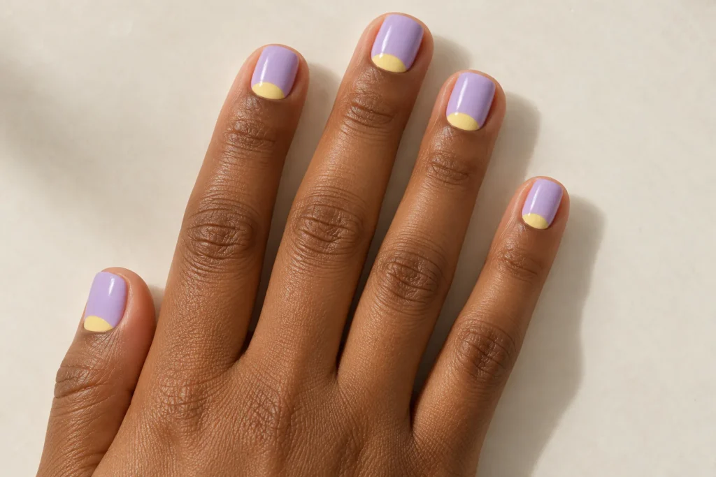 Unhas curtas com esmaltação meia-lua lilás e semicírculos amarelos próximos às cutículas.