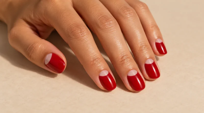 Esmaltação meia-lua: como fazer a nail art clássica com um toque moderno Unhas meia-lua com esmalte vermelho e semicírculo transparente próximo às cutículas.