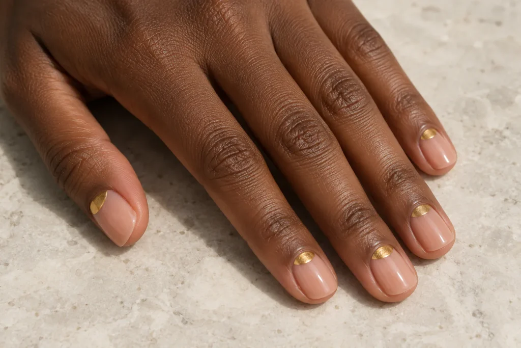 Esmaltação meia-lua minimalista com base nude rosada e semicírculos dourados.