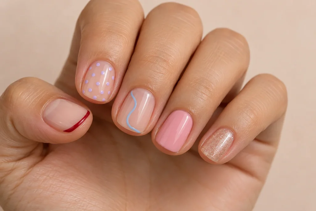 Unhas curtas com desenhos diferentes em cada dedo