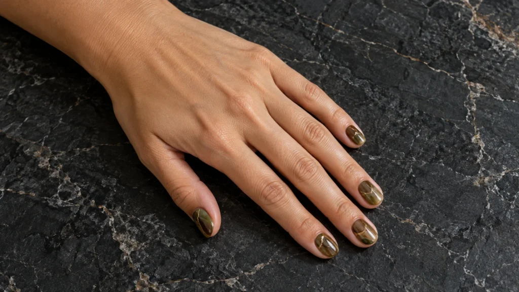 unhas verde de poção com movimentos marrons e brilho de vidro