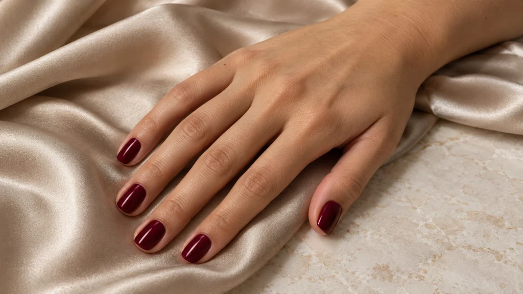 unhas curtas em tom vinho com esmaltação brilhante e elegante