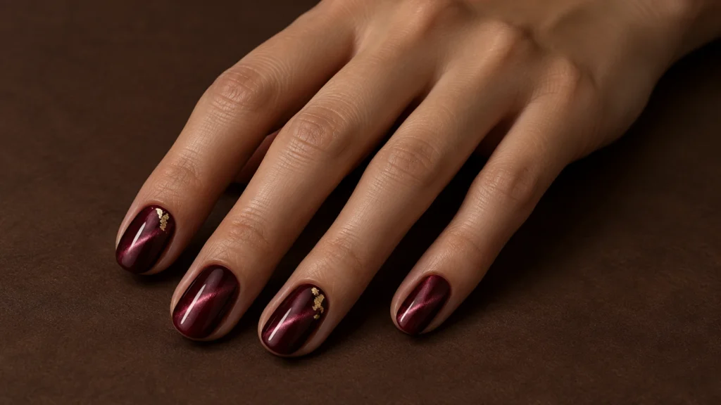 unhas vinho magnéticas com pequenos detalhes de foil dourado